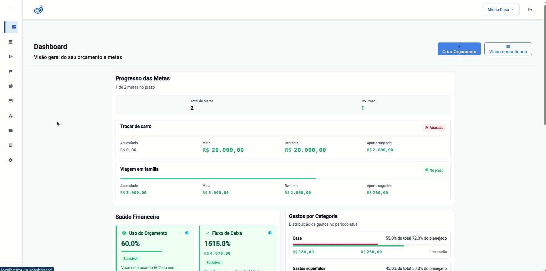GIF: fluxo no app — registrar transações e trocar de orçamento