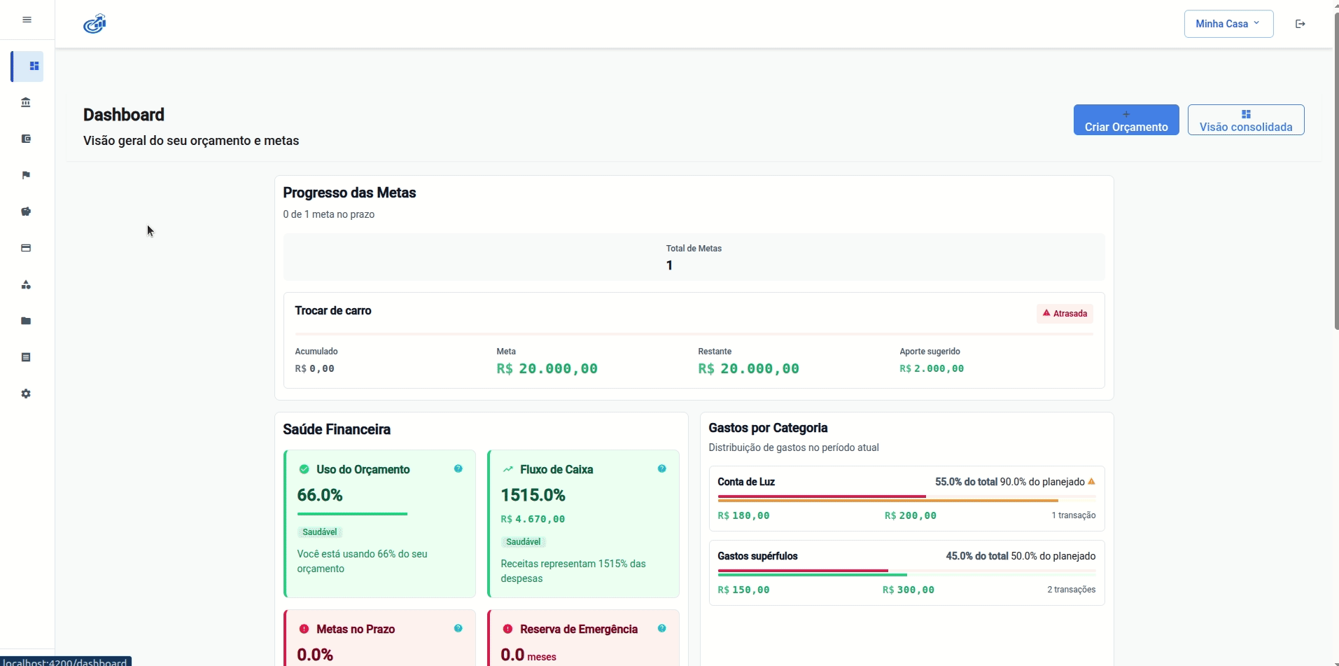 GIF: fluxo no app — criar uma meta SMART e ver o progresso no dashboard